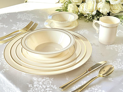 OCCASIONS 40 Pack Disposable Plastic Charger Plates 12 Inch, Heavy Duty Bulk Chargers for Dinner Plates, Wedding Party, Fancy Dinnerware, Recyclable BPA Free (Ivory & Gold Rim)