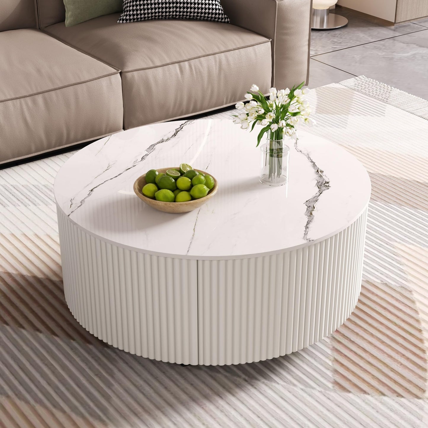 Merax 29.5" Round Fluted Coffee Table for Living Room, Movable Accent Table with Casters and 2 Storage Drawers, Marble Pattern Sintered Stone Top, White