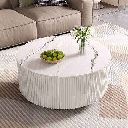 Merax 29.5" Round Fluted Coffee Table for Living Room, Movable Accent Table with Casters and 2 Storage Drawers, Marble Pattern Sintered Stone Top, White