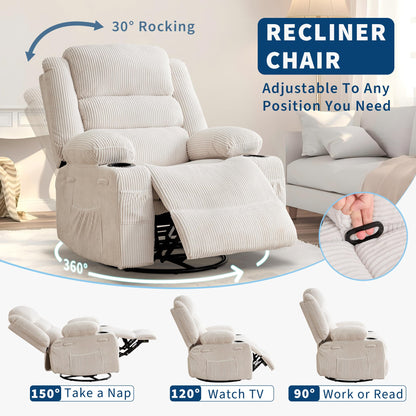 Rocking Recliner Chair for Adults Wide 360° Swivel Rocker Recliner with Cup Holder Nursery Glider with Upholstered Deep Seat Corduroy Lazy boy Chair for Living Room Beige
