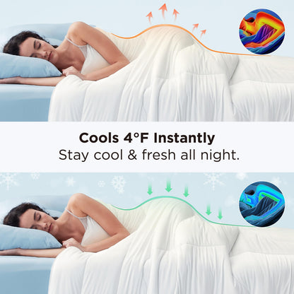 Bedsure Cooling Comforter Bundle Cooling Pillow Cases for Hot Sleepers with Dual-Sided Cool Tech, 2 Pack HA & Ceramides Infused Silky Cooling Pillowcases Soft for Skin & Hair, White, Queen Size