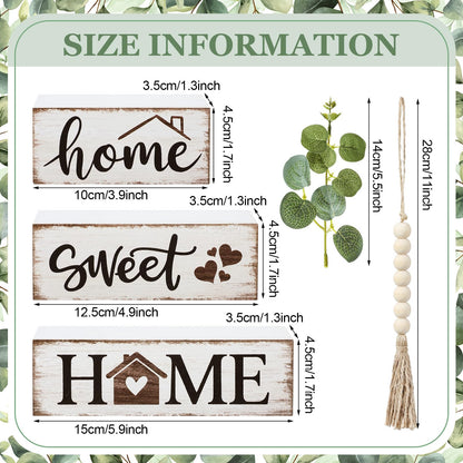 Yousoontic 5 Pcs Farmhouse Wooden Table Decor Rustic Tiered Tray Decor Neutral Block Sign Centerpiece with Bead Garland Faux Eucalyptus Leaves for Home Sweet Kitchen Entryway Living Room Shelves