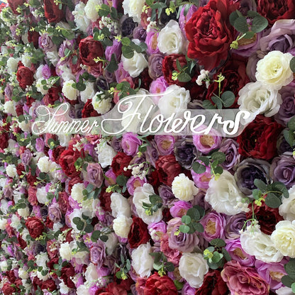 ERoomQ Fuchsia Color Rose Artificial Flower Wall Panels with Clothes Fabric Back,Wedding Party Bridal Shower 3D Romantic Rose Green Leaves Wall Backdrop,3x3m/10x10FT