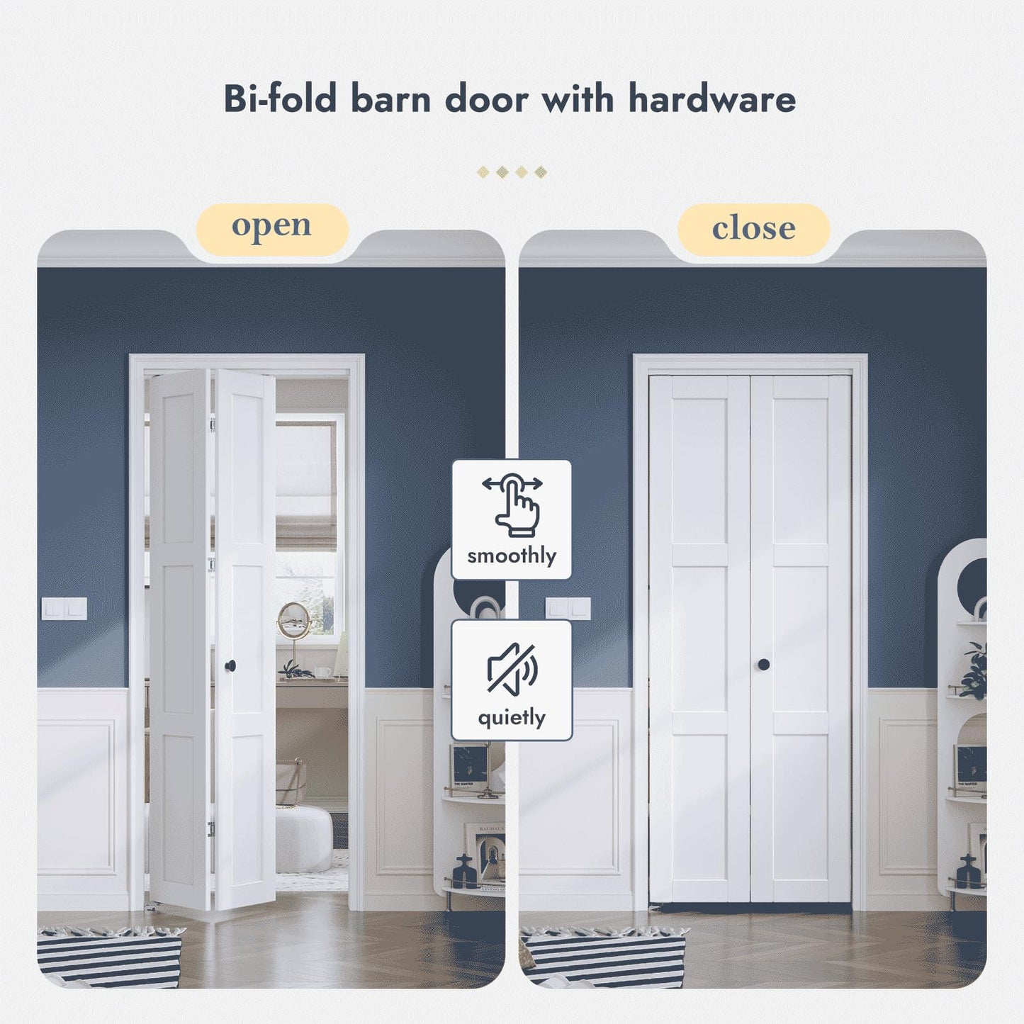 Roymelo Bifold Closet Doors for 30"×80" Opening, Sliding Folding Barn Door with Hardware Kit Included, 3-Panel, MDF Wood Panel Covered with Water-Proof Scratch-Proof PVC Surface