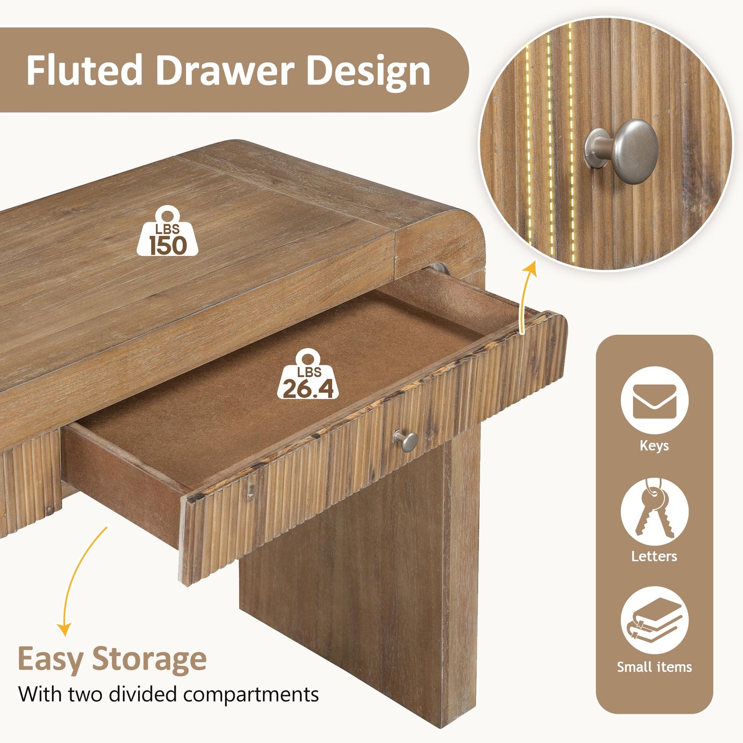 Merax Rustic Console Table with Fluted Drawer Front, Entryway Table with Curved Corners & Thick Legs, Sturdy Sofa Table for Hallway & Living Room, Natural