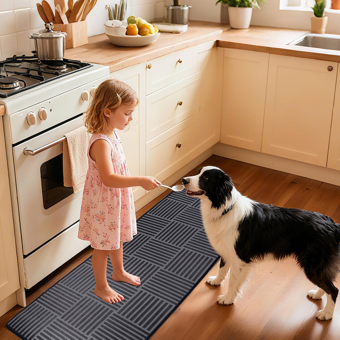 Kitchen Mats For Floor 2 Piece Cushioned Anti Fatigue Kitchen Plaid Rugs Set Non Slip Waterproof Comfort Foam Standing For Laundry,Desk,Office,Bathroom,Apartment Decor,17.3"X29"+17.3"X47",Black