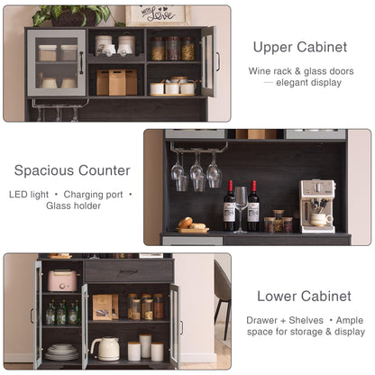 Fatmok 71" Tall Pantry Cabinet with Glass Doors, Kitchen Hutch Storage Cabinet, Coffee Bar & Liquor Cabinet with Charging Station & LED Lights, Wine Rack, Adjustable Shelves＆Large Drawer, Grey