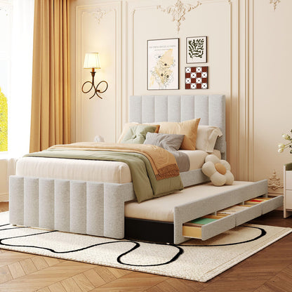 Merax Twin Size Bed Frame with Trundle and 3 Storage Drawers, Elegant Linen Upholstered Platform Bed with Stripe Headboard for Bedroom, Small Spaces, Solid Wood Slats Support, Easy Assembly, Beige