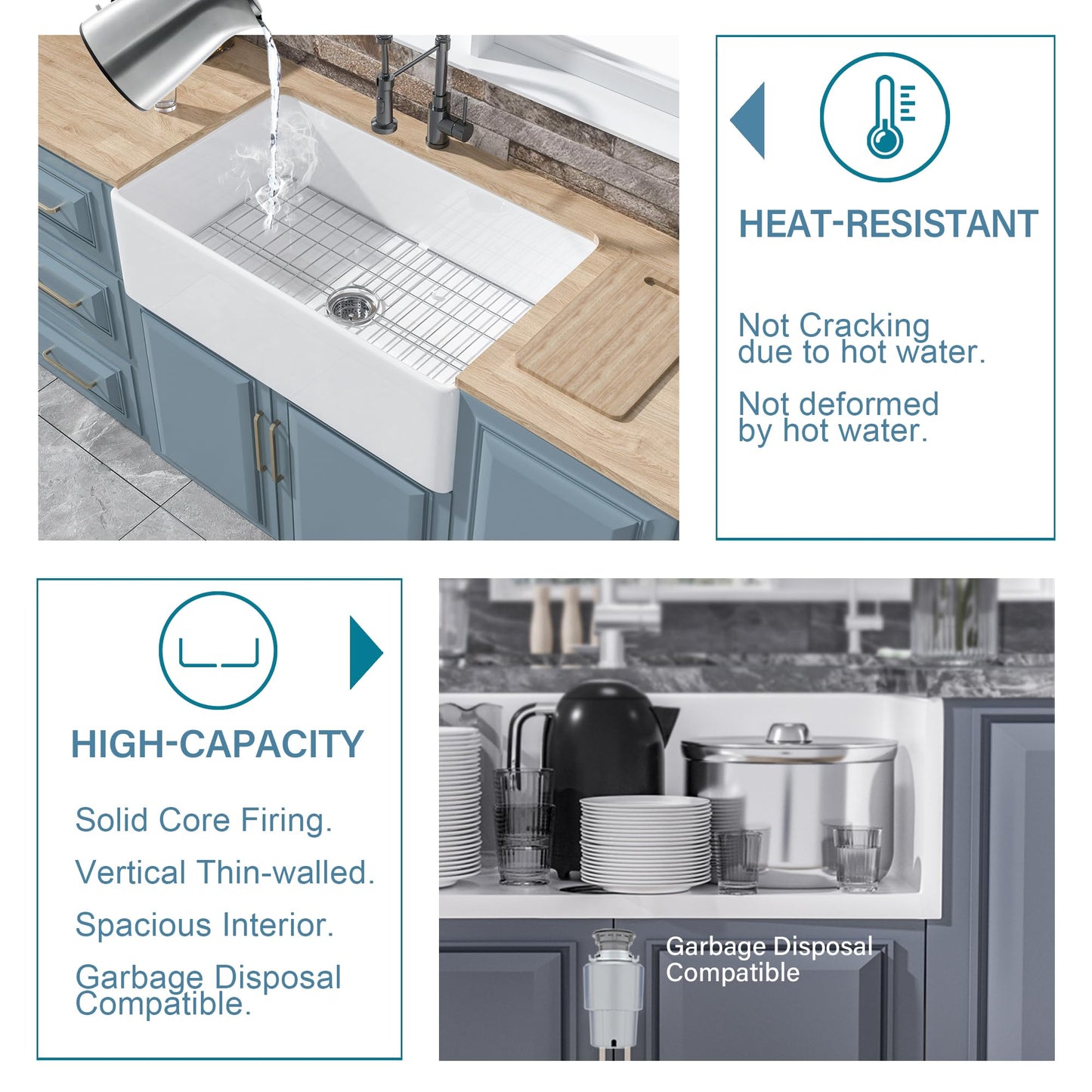 HOMLYLINK White Farmhouse Sink 33 x 20 Inch, Large Firecaly Apron Front Undermount Farm Sink Heavy Duty Deep Single Bowl, with Custom Accessories 2 Types, Pure White, for Kitchen