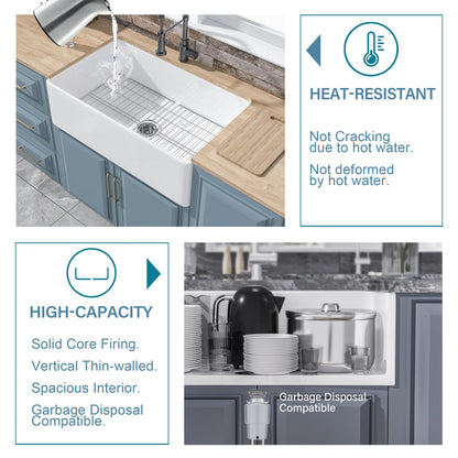 HOMLYLINK White Farmhouse Sink 33 x 20 Inch, Large Firecaly Apron Front Undermount Farm Sink Heavy Duty Deep Single Bowl, with Custom Accessories 2 Types, Pure White, for Kitchen