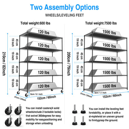 pouseayar Heavy Duty Metal 5 Tier Shelf Wire Shelving Unit, 7500lbs Capacity NSF Adjustable Storage Rack with Wheels & Shelf Liners for Commercial Grade Utility Steel Storage Rack Home Office Black