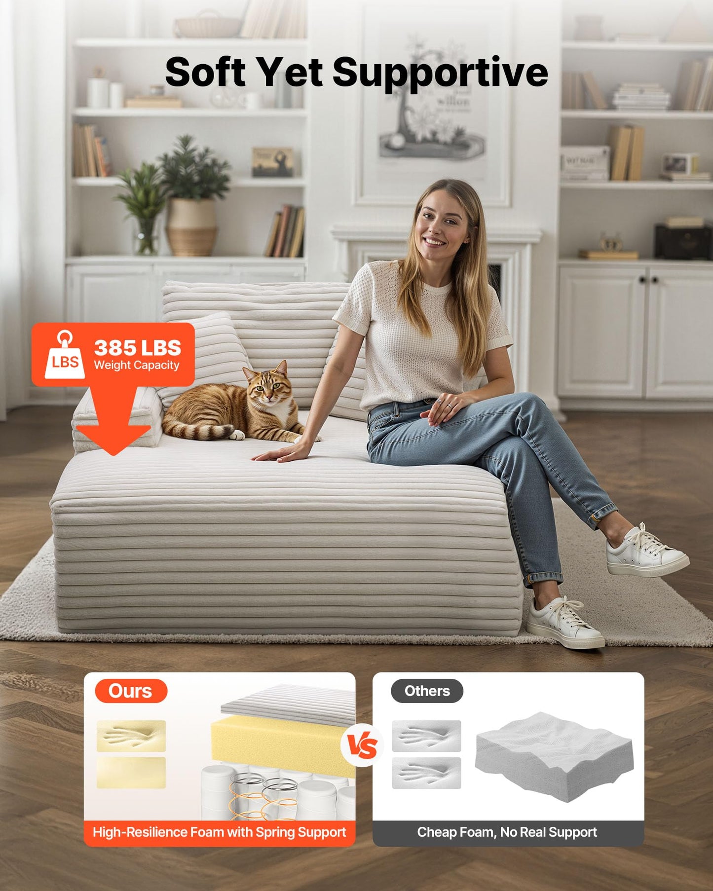 VEVOR Oversized Chaise Lounge Chair, 54" Boneless Chaise Lounge Indoor, Modern Upholstered Reading Chair with Throw Pillows & Armrests, Sofa Couch Deep Seat Sleeper for Living Room, Bedroom, Beige
