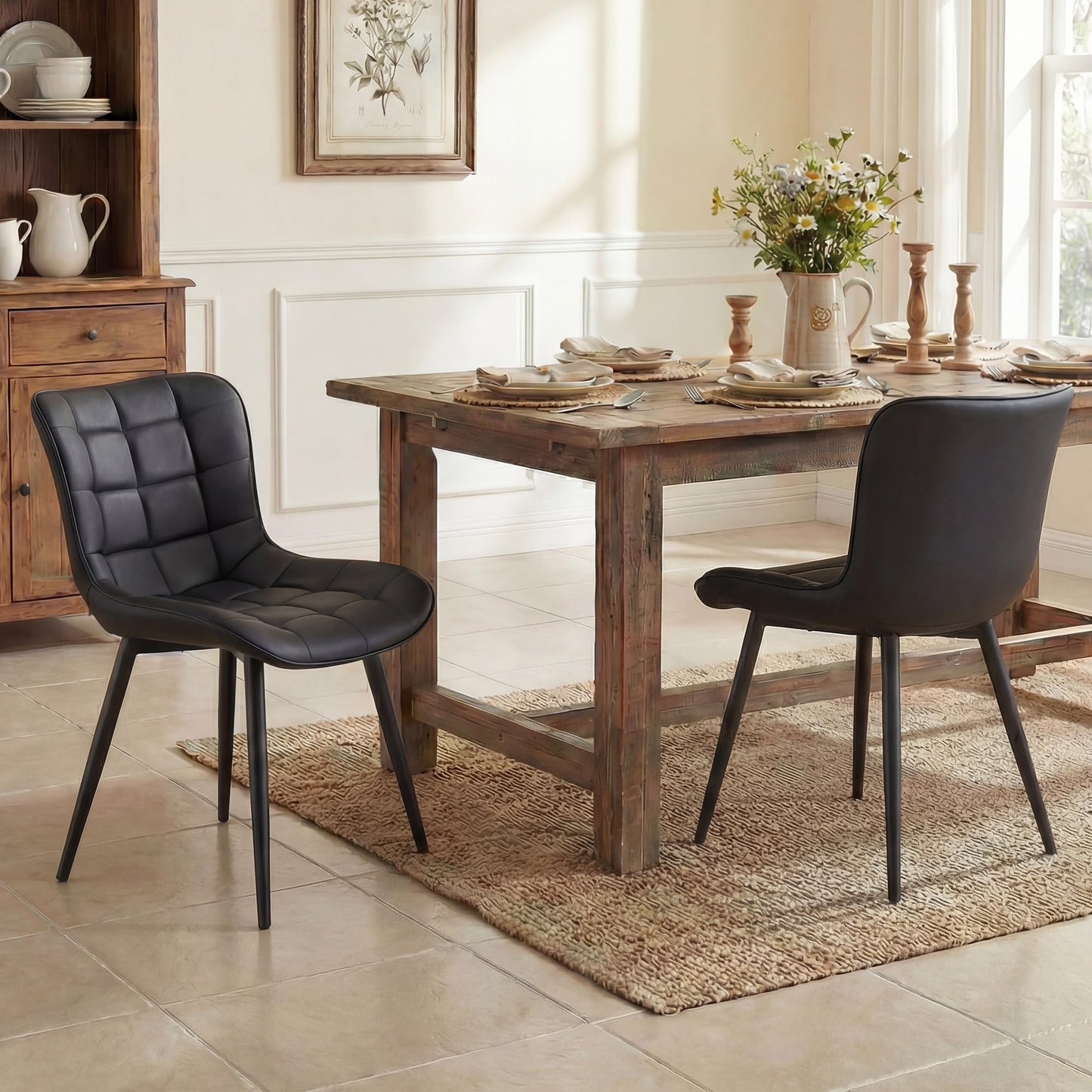 YOUTASTE All Black Dining Chairs Set of 2, Faux Leather Upholstered Armless Chairs with Back and Metal Legs, Mid Century Modern Kitchen Chairs for Living Room, Vanity, or Guest Reception Room