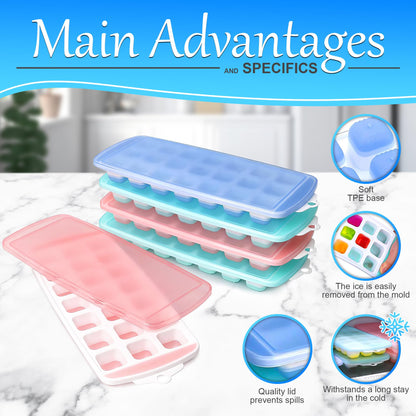 5 Pc Silicone Ice Cube Trays for Freezer with Lid - 12x4.8" (105 Cubes Total, 21 per Mold) Silicone Ice Trays for Freezer Durable & Flexible Molds, Easy to Use & Clean, Good for Home & Commercial Use