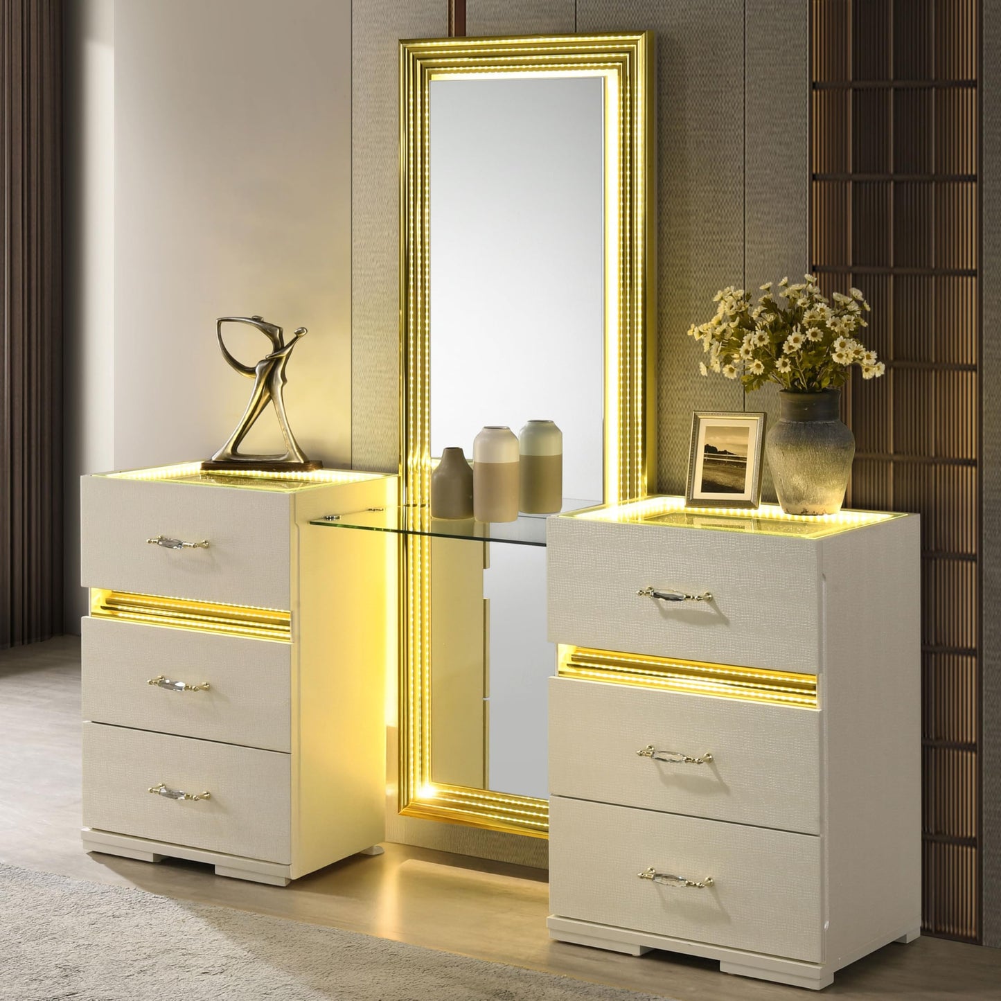 Furniture of America Mynar Modern Solid Wood 6-Drawer Makeup Vanity Set with Stool and LED Light, Dressing Table with Mirror, for Bedroom, Guest Room, Beige