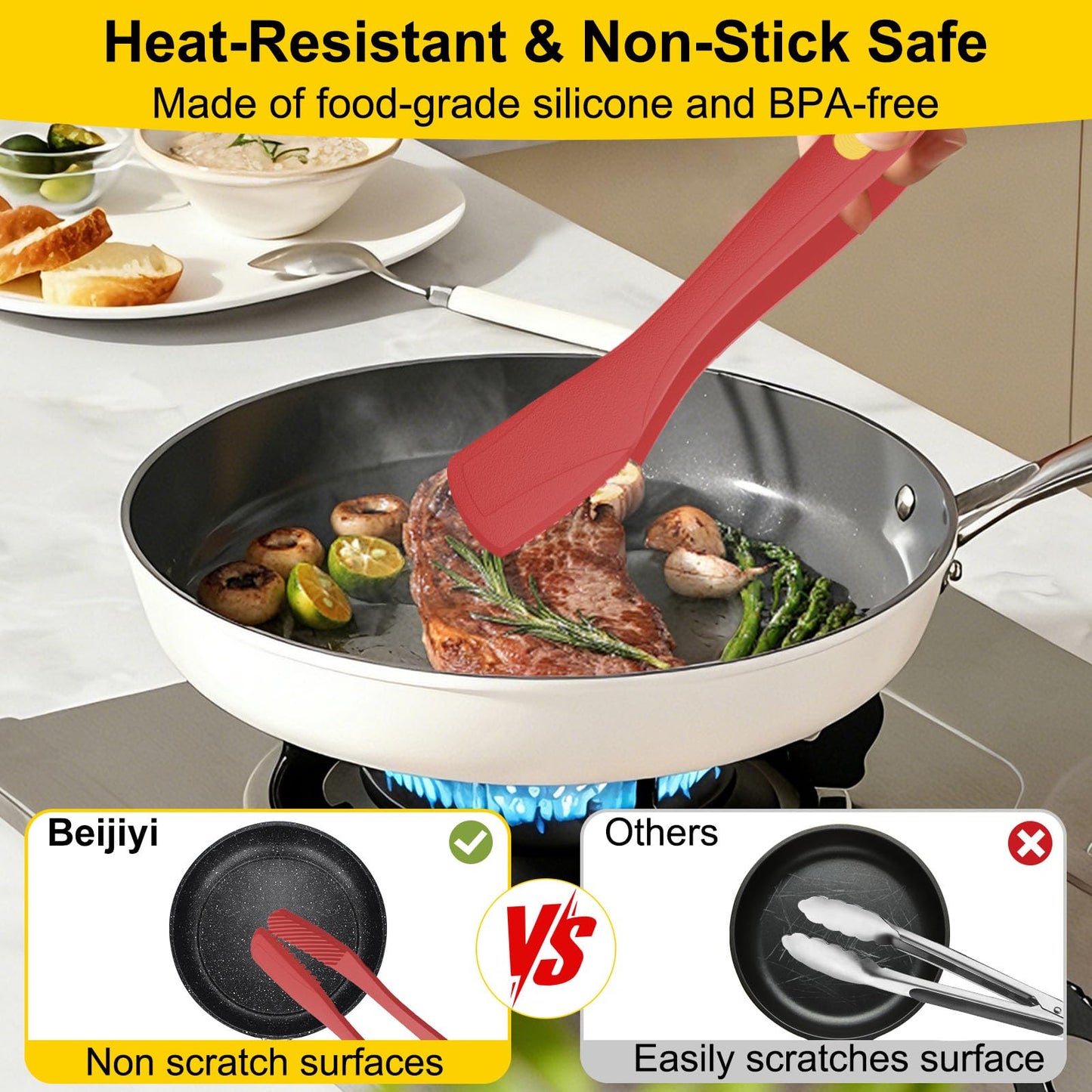 Beijiyi Kitchen Tongs for Cooking, 9" & 12" Set, Silicone Cooking Tongs with Silicone Tip for Nonstick Cookware, 600°F Heat Resistant, Stainless Steel Core, Great for Grilling and Serving Food (Red)