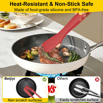 Beijiyi Kitchen Tongs for Cooking, 9" & 12" Set, Silicone Cooking Tongs with Silicone Tip for Nonstick Cookware, 600°F Heat Resistant, Stainless Steel Core, Great for Grilling and Serving Food (Red)