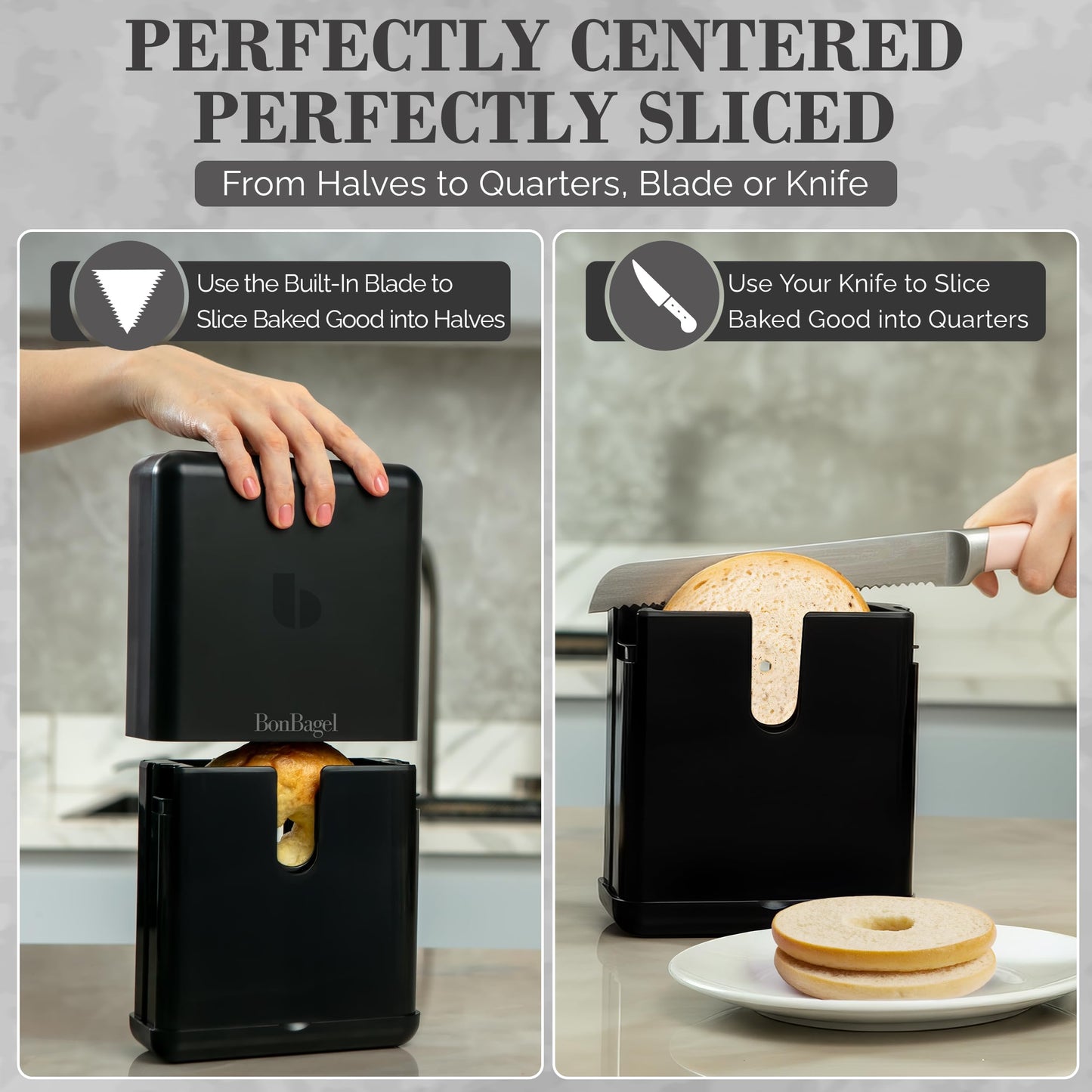 BonBagel Bagel Cutter Slicer – Precision Bagel Slicer with Auto-Center Holder – Compact 7-Inch Space-Saving Design for Even Cutting Large and Small Bread at Home or Café Kitchen - Black