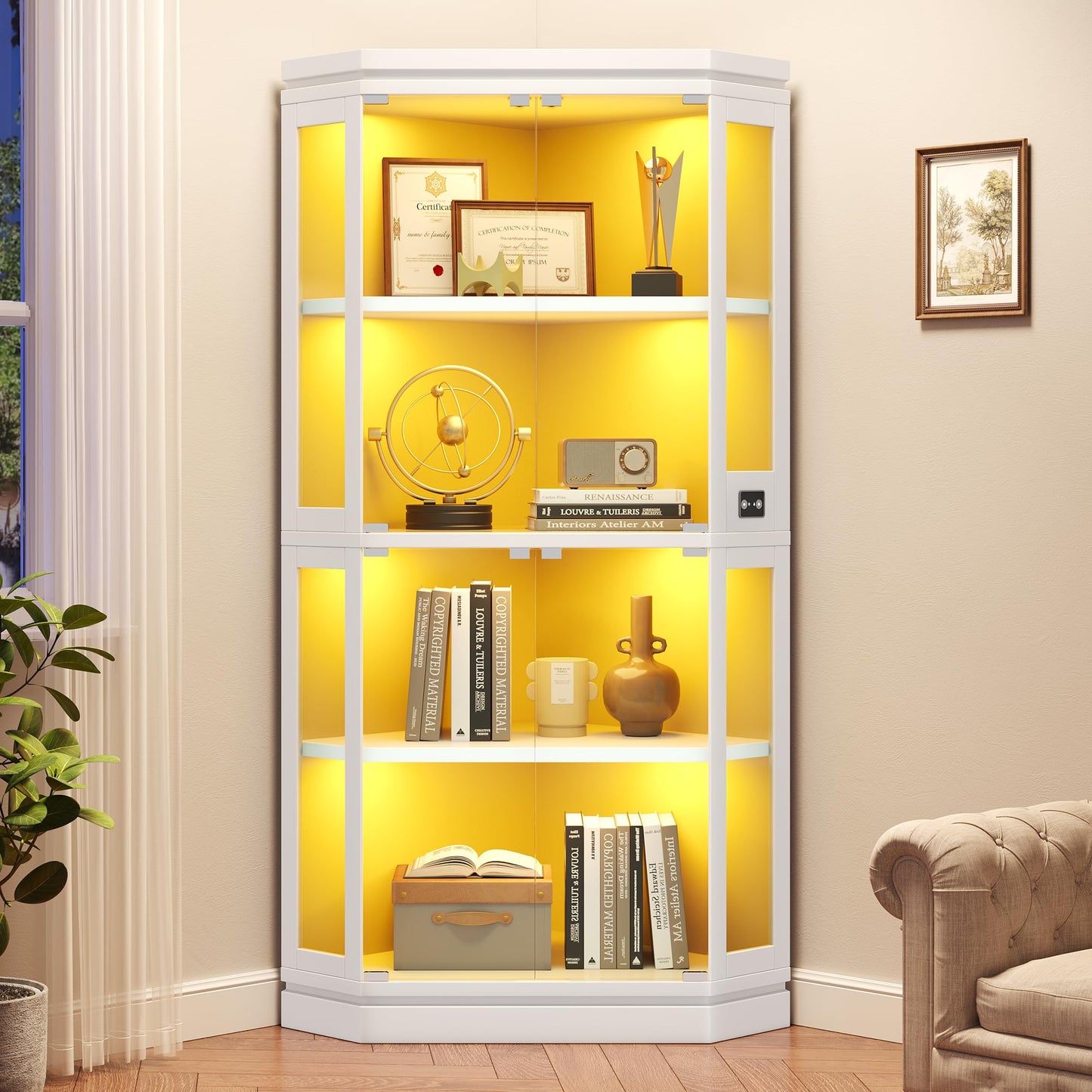 Jocoevol Corner Display Cabinet with 4 Glass Doors, 4-Tier Display Cases with RGB Lights for Collectibles, 67'' Tall Corner Curio Cabinet with Human Body Sensor for Living/Game Room (White)