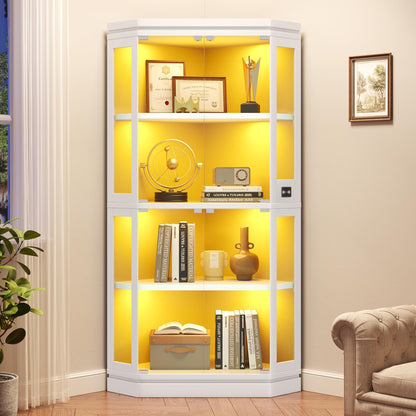 Jocoevol Corner Display Cabinet with 4 Glass Doors, 4-Tier Display Cases with RGB Lights for Collectibles, 67'' Tall Corner Curio Cabinet with Human Body Sensor for Living/Game Room (White)