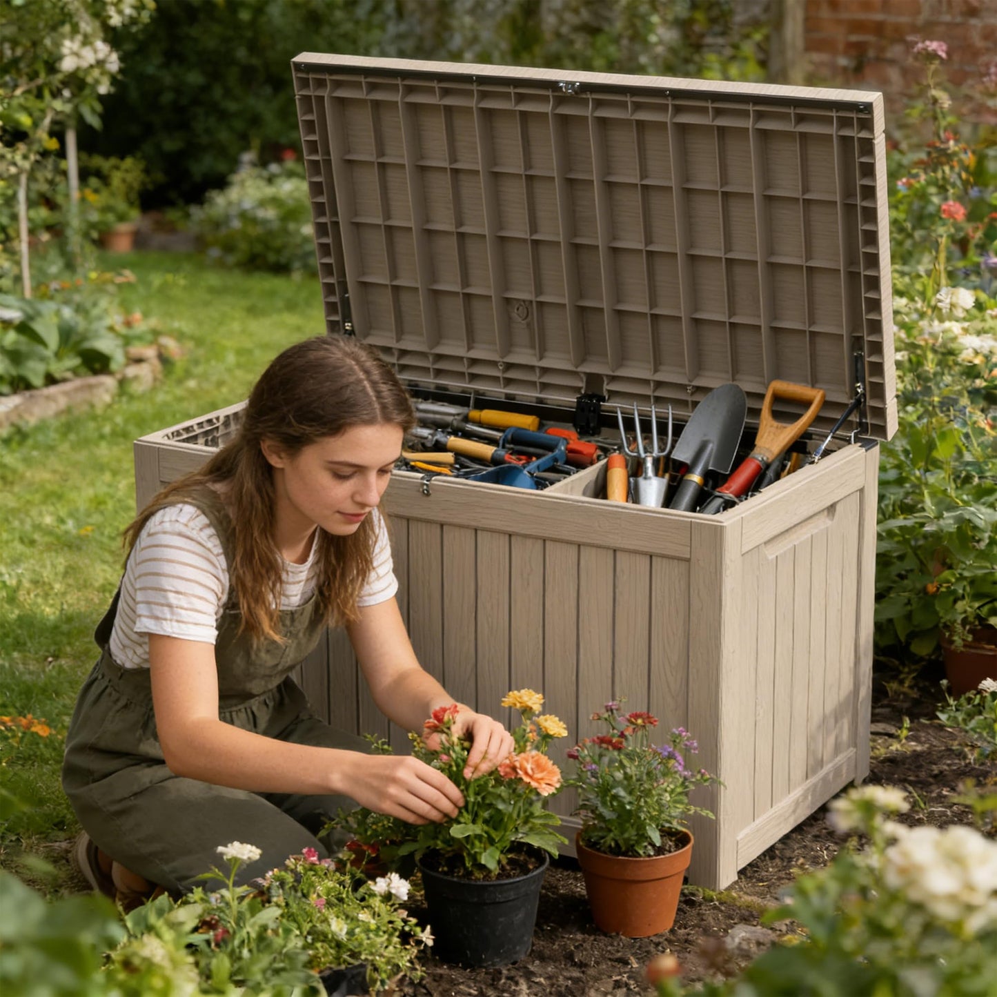 Decksplore 270 Gallon Outdoor Storage Box Resin Deck Box All Weather Waterproof Large Lockable Storage Container Deck Box for Patio Furniture, Garden Tools, Lockable, Grey