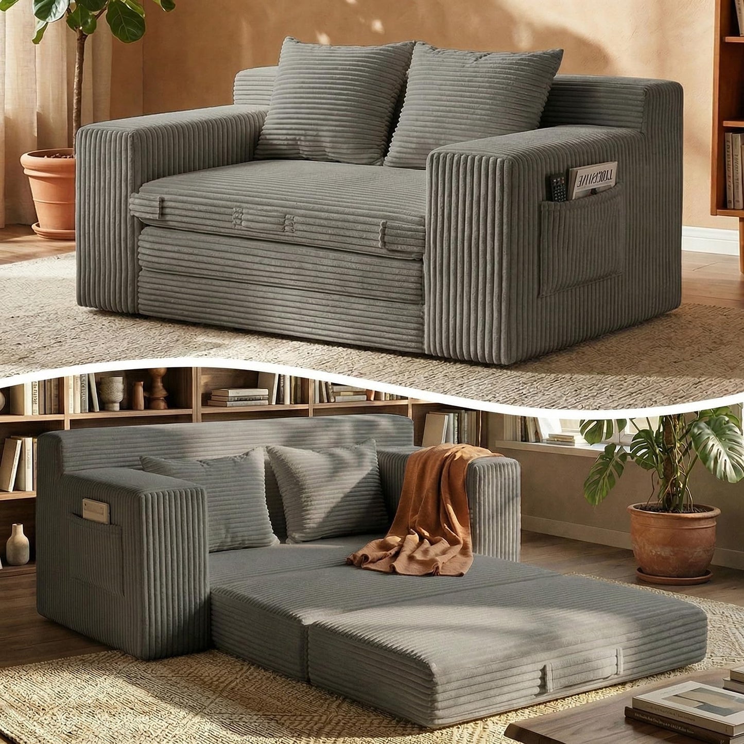 feliz home Boneless Loveseat Sofa Bed, Tri-Folding Convertible Futon Sleeper with Handle & Side Pockets, 54'' Boneless Couch with Hook and Loop No Assembly for Small Space,Living Room & Bedroom