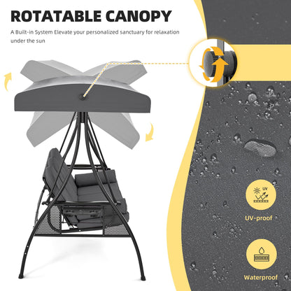 HOMREST 3 Person Outdoor Porch Swing with 1.5" Upgraded Cup Holder, Adjustable Canopy, Backrest, Patio Swing Bed with Weather Resistant Steel Frame, Cushions for Garden,Deck and Poolside(Gray)