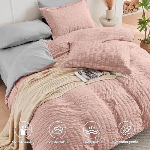 HYMOKEGE California King Comforter Set - Luxurious Rose Gold & Light Grey Seersucker | 7-Piece All-Season Bedding Set