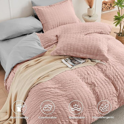HYMOKEGE California King Comforter Set - Luxurious Rose Gold & Light Grey Seersucker | 7-Piece All-Season Bedding Set