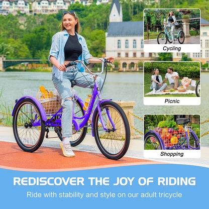 Slsy Adult Tricycle 7 Speed, 20/24/26 Inch Step-Through 3 Wheel Bike for Adults with Large Shopping Basket, 350 lb Capacity Adult Trike for Seniors, Women and Men