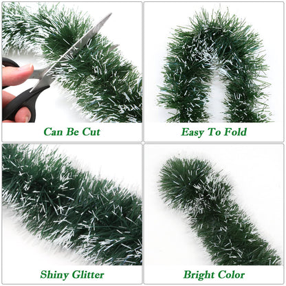 50FT Green Christmas Tinsel Garland Decorations to Christmas Tree, Thick and Thin Metallic Streamers Foil Tinsel Twist Garland Decor for Home Indoor Outdoor Party Supplies
