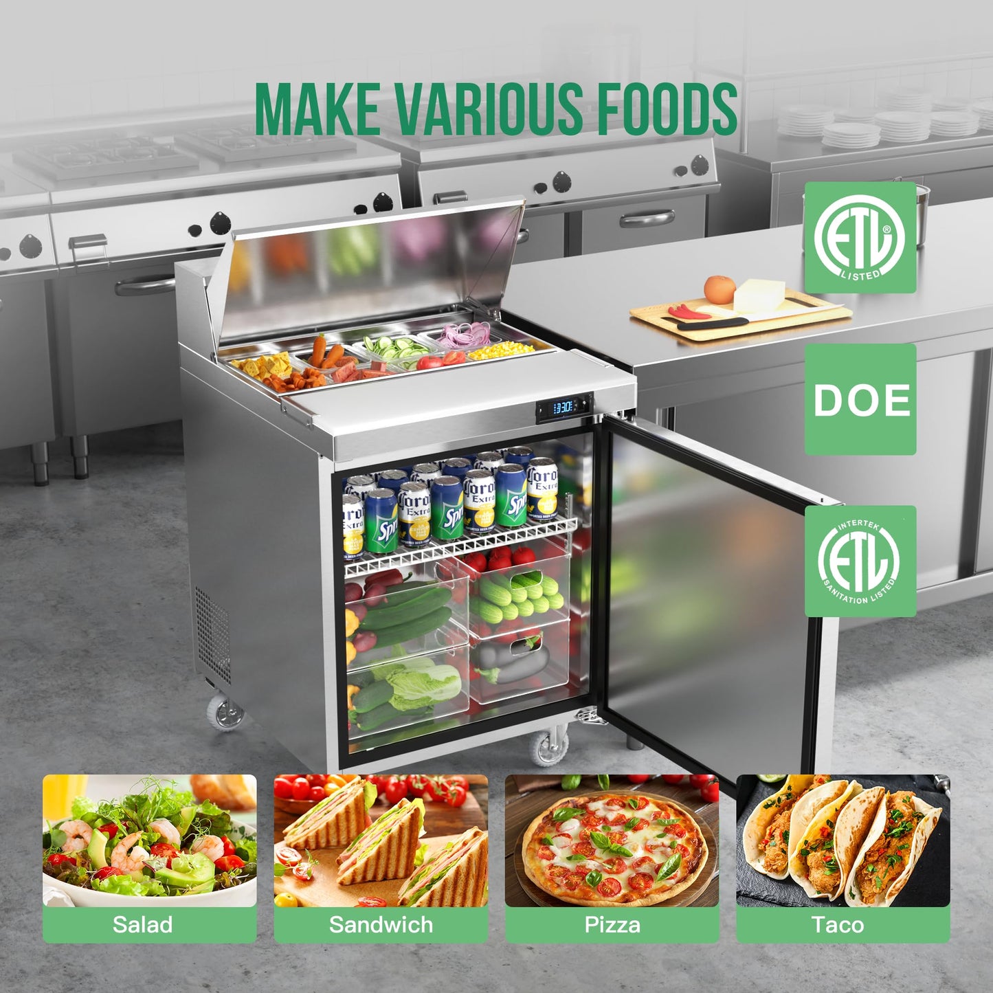 Coolake 27'' W Commercial Refrigerator Sandwich Salad Prep Table, 1 Door Sandwich Fridge with 8 GN 1/6 Pans, Counter Fan Cooling Refrigerator for Restaurant, ETL DOE