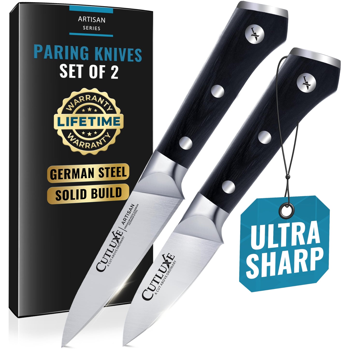 Cutluxe Paring Knife Set – 4" Fruit and 3" Peeling Knives – Small Knife with Razor Sharp Blade – High Carbon German Steel, Full Tang & Ergonomic Handle Design – Artisan Series