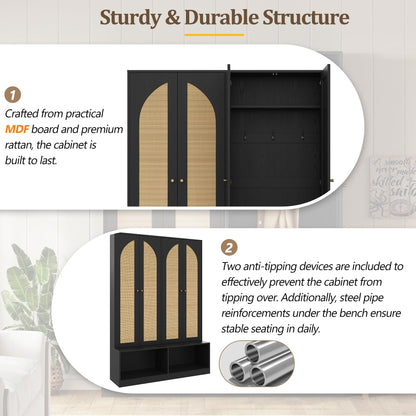 Merax Farmhouse Hall Tree with 4 Rattan Doors & Bench - 55.1" Entryway Shoe Cabinet, 6 Hooks, Adjustable Shelf, Mid-Century Storage for Living Room, Black