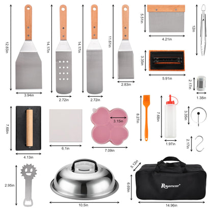 ROMANTICIST 132PC Professional Griddle Accessories Kit - Heavy Duty Stainless Steel Grill Spatula Set for Grill Griddle Hibachi Flat Top Outdoor Cooking - Great Grill Gift on Birthday Wedding