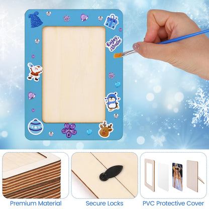 Fovths 36 Packs Winter Picture Frame Painting Craft Kit Wooden DIY Photo Frame with 250 Foam Stickers Brushes Set Holiday Art Party Favor DIY Paint and Decorate