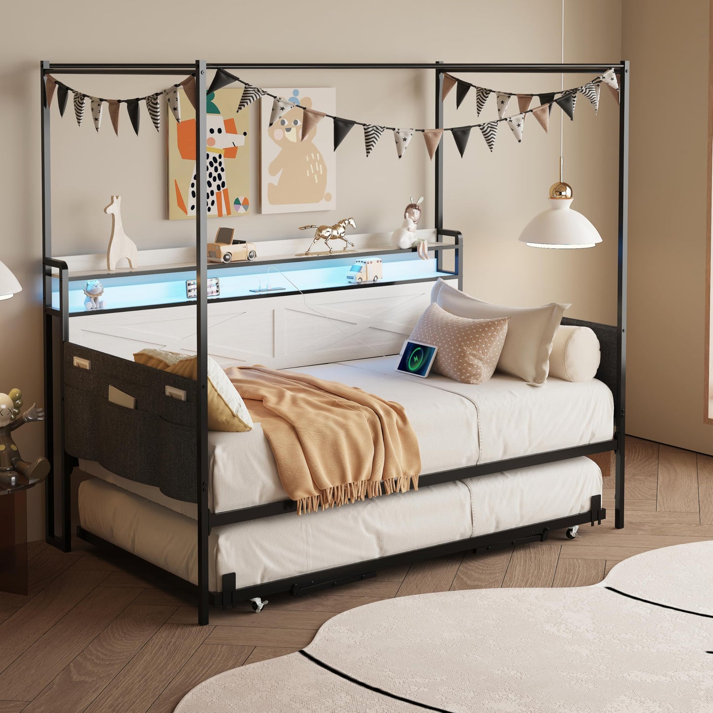 DNYN Metal Daybed with Pop-up Trundle and 4 Poster for Bedroom/Guest Room, Twin Size Heavy-Duty Canopy Bed Frame with USB Ports and Storage Headboard, Space-Saving & No Box Spring Needed