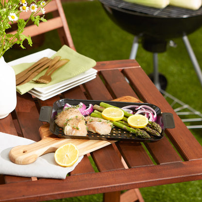 RSVP International Porcelain Coated Steel BBQ Grill Tray/Pan, Outdoor Barbeque Grilling Accessories for Cooking Fish & Vegetables, Dishwasher Safe, Small, 13x7.25"