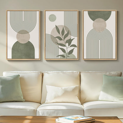Framed Boho Sage Green Wall Art for Living Room, Large Mid Century Modern Tropical Leaf Canvas Artwork for Walls, 3 Piece Beige Orange Bohemian Wall Art Prints for Bedroom Kitchen Hallway, 16x24 Inch
