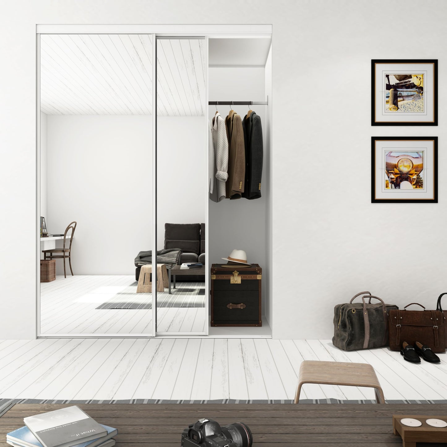 48 in. x 80 in. Mirror White Steel Frame Interior Closet Sliding Door with White Trim and Hardware Kit