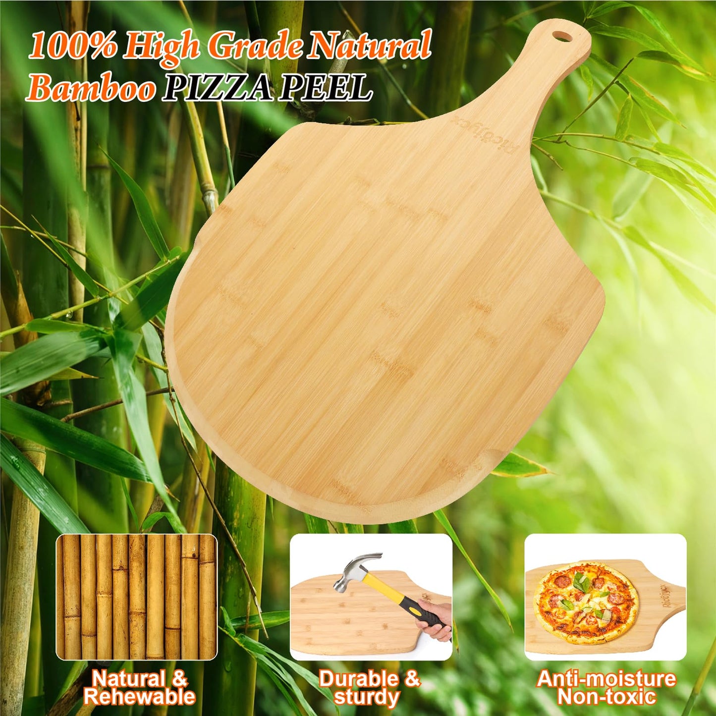 RICOJYCX 2 Pack 16 Inch Bamboo Pizza Peel, Wooden Pizza Paddle Spatula with Extended Handle, Cutting & Serving Board for Pizza, Bread, Cheese, Fruits and Vegetables