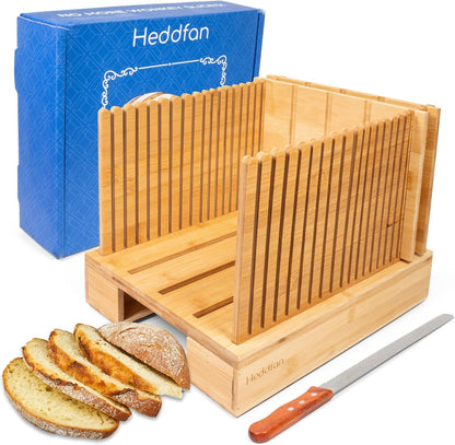HEDDFAN 12 Bamboo Bread Slicer For Homemade Bread - Built-In Knife Slot, Crumb Catcher & Storage Compartment