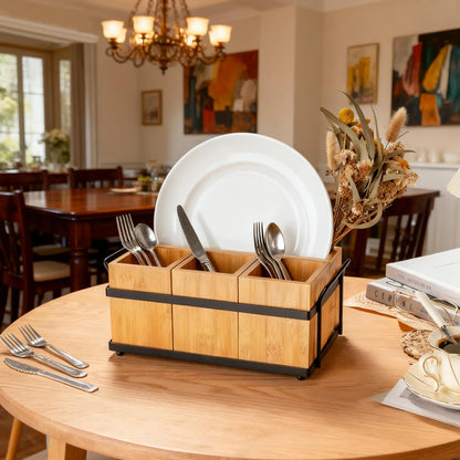 Silverware Caddy Wood Utensil Holder 4-in-1 Bamboo Utensil Caddy with Removable Divider Portable Kitchen & Dining Organizer for Forks, Napkins, Plates, BBQ, Picnic, Camping Countertop Organizing