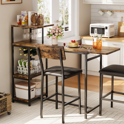 GarveeHome Bar Table and Chairs Set for 2, 3-Piece Bar Table Set with Storage Shelves, Cup Holder & Wine Rack, PU Leather Bar Stools, Small Dining Table for 2 for Kitchen, Breakfast Nook, Brown