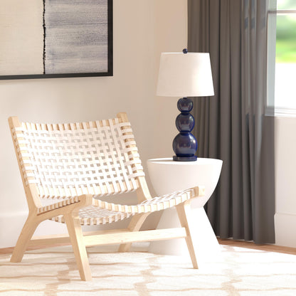 SAFAVIEH Home Collection – Luna Natural Solid Wood & White Leather Woven Accent Chair, Contemporary Lounge Chair, Fully Assembled (ACH1002A)