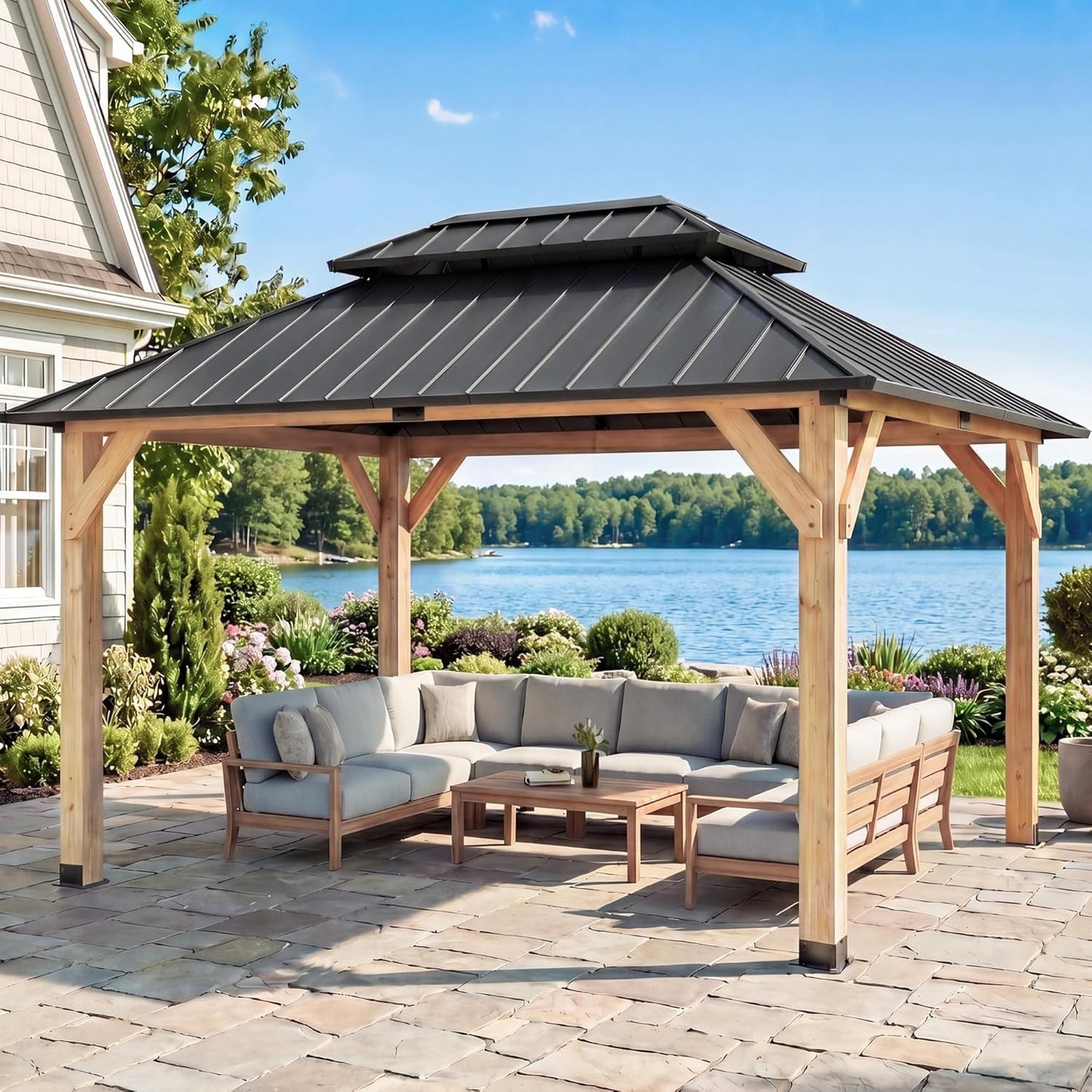 Devoko 10' x 12' Outdoor Wood Gazebo,Metal Hardtop Gazebo,Color DIY Permanent Pavilion with Galvanized Steel Double Roof for Backyard, Garden(Windproof, Snow-Load Bearing, Waterproof, Rustproof)