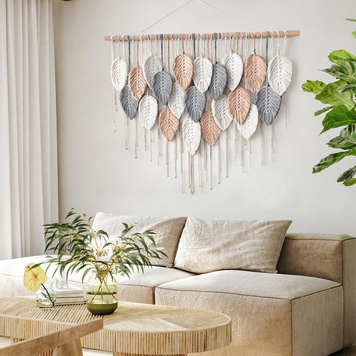 Alynsehom Large Macrame Wall Hanging, Boho Woven Tapestry, Chic Modern Bohemian Handmade Leaf Feather Wall Art Home Decor for Apartment Dorm Living Room Bedroom Nursery Backdrop (39" W X 29.5" L)