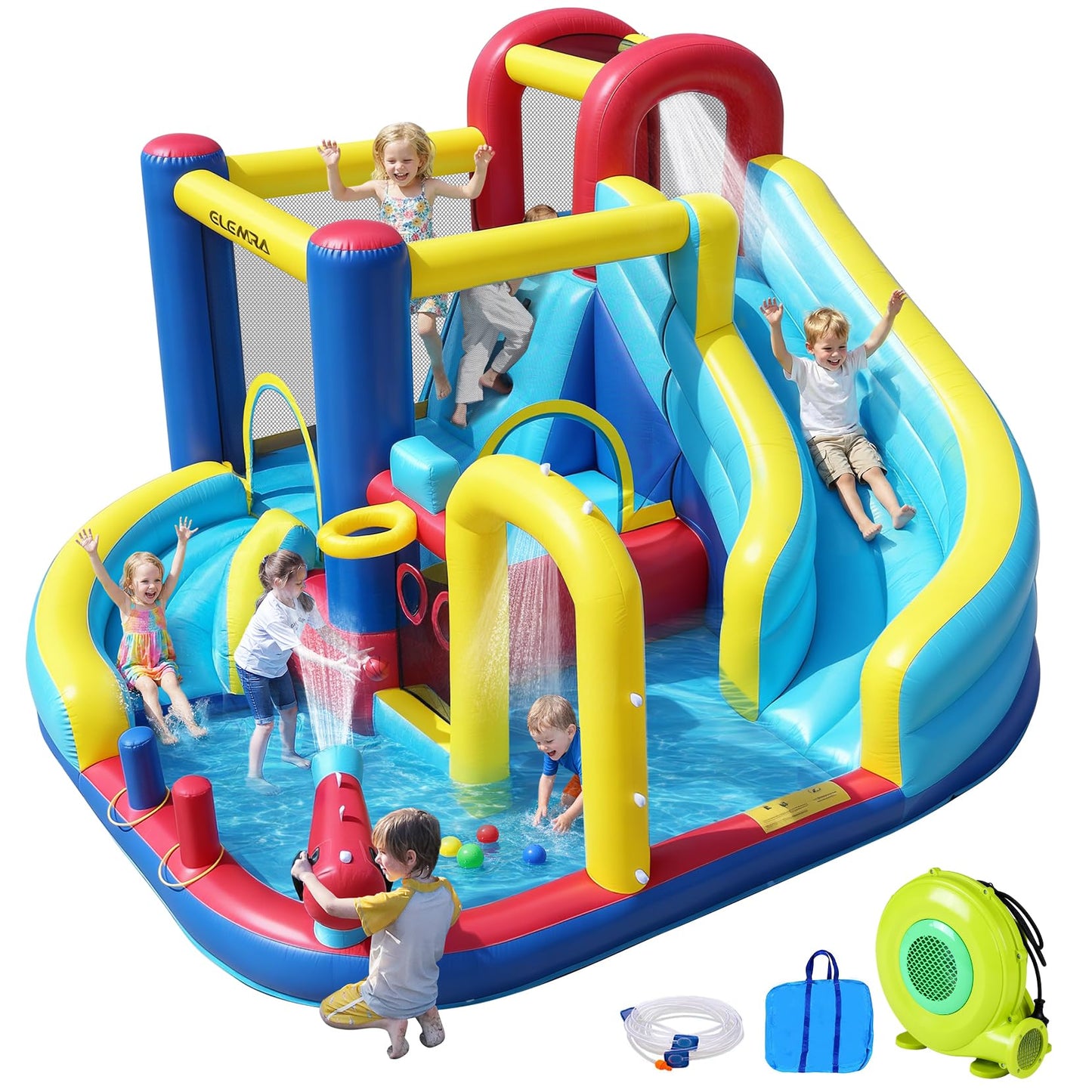 ELEMARA 10 in 1 Inflatable Water Slide Bounce House, Inflatable Bounce House with Blower, Dual Slides & Climbing Walls & Ring-toss Game & 2 Water Guns, Splash Pool, Blow up Water Slide with Blower