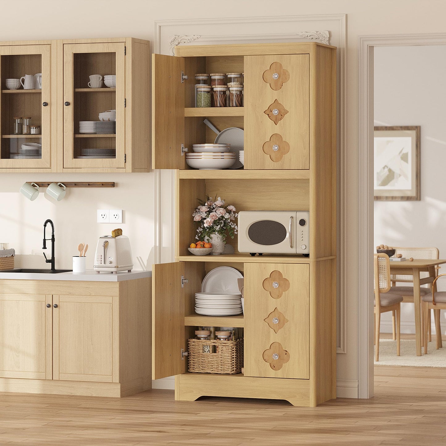 GarveeHome 72" Tall Pantry Cabinet with Carved Door, Kitchen Storage Cabinet with Shelf for Microwave, Freestanding Wooden Cupboard with Crystal Handle, for Dining Living Room, Light Oak