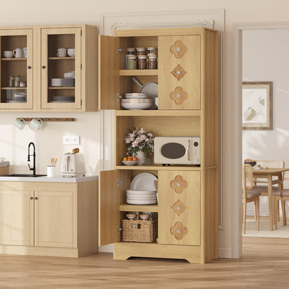 GarveeHome 72" Tall Pantry Cabinet with Carved Door, Kitchen Storage Cabinet with Shelf for Microwave, Freestanding Wooden Cupboard with Crystal Handle, for Dining Living Room, Light Oak